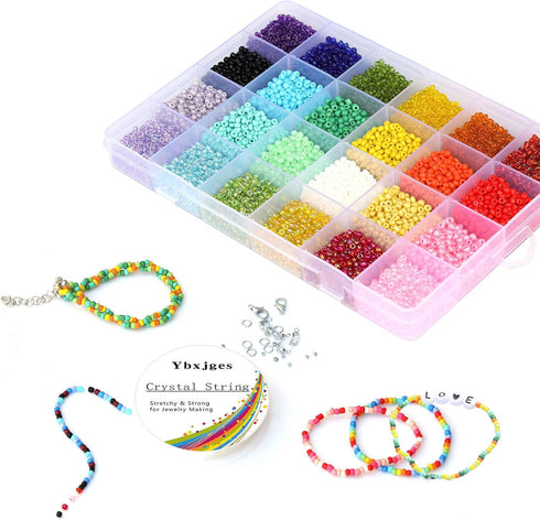 Ybxjges 12000 pcs 3mm Glass Seed Beads 8/0 Small Craft Beads with Jump Rings Lobster Clasp Crimp Beads 2 Roll Elastic String for DIY Bracelets Nec...