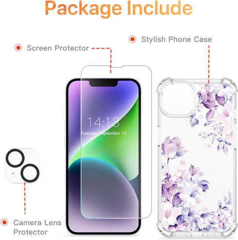 GVIEWIN for iPhone 14 Plus Case Floral, with Screen Protector + Camera Lens Protector, Soft Slim Clear Flower Shockproof Full Body Protective Wome...
