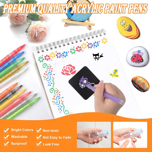 ANTIKE 12 Colors Washable Acrylic Markers Paint Pens Set with 104 Stencils,Acrylic Paint Pens for Rock Painting,Metal,Plastic,Ceramic,Canvas,Wood,...
