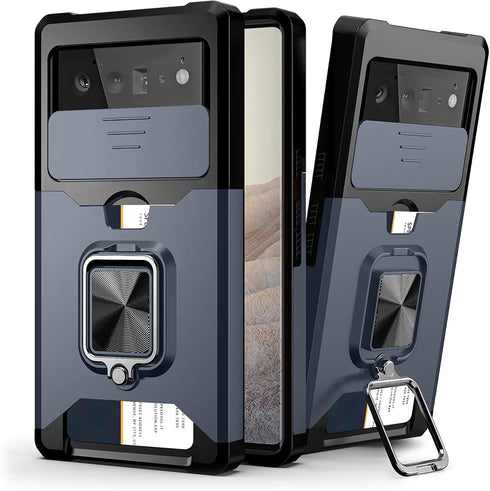 Compatible for Google Pixel 6 2021 Case with Camera Cover & Kickstand, Slide Lens Cover+Rotate Ring Stand+Card Holder, Impact-Resistant, Full Prot...