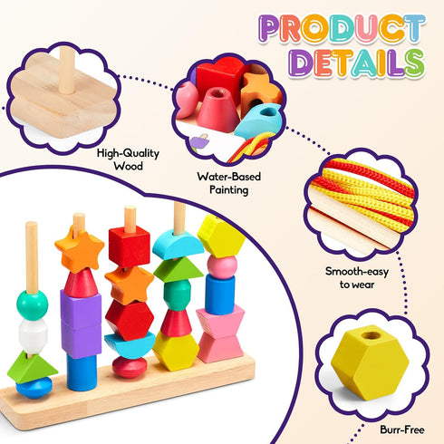 Montessori Preschool Educational Wooden toys for Toddler 3 4 5 Years Old Lacing Beads & Stacking Blocks & Shape Sorting Gifts for Kids Boy Girl El...