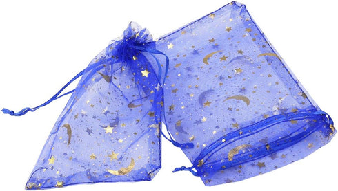 100Pcs 4x6 Inches Sheer Organza Drawstring Pouches Stars and Moon Wedding Party Favor Jewelry Candy Gift Bags (Blue)...