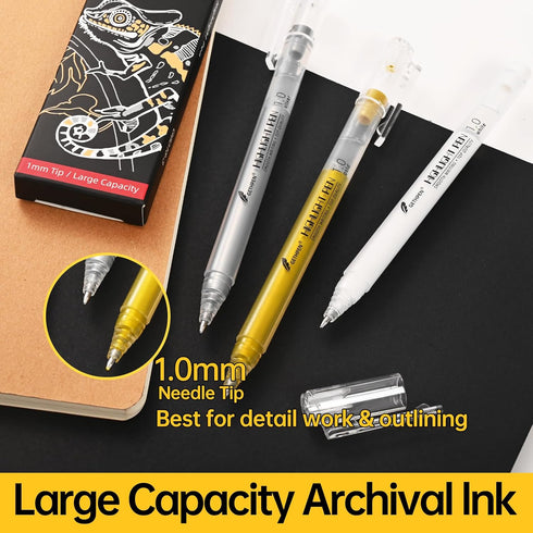 6 Colors Gel Pen Set White,Gold and Silver Gel Ink Pens for Artists,White Gel Pen,White Ink Pen,White Pens for Black Paper,White Drawing Pens,Whit...
