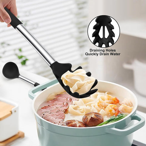 TeamFar Silicone Pasta Fork and Ladle Spoon Set, 2 Pcs Large Nonstick Kitchen Utensils with Stainless Steel Handle for Cooking, Draining, Serving ...