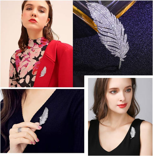 Rhinestone Feather Brooches Pin for Women Men Fashion Crystal Delicate Leaf Brooch Lapel Pins Elegant Dress Accessories Jewelry Boutonniere Corsag...