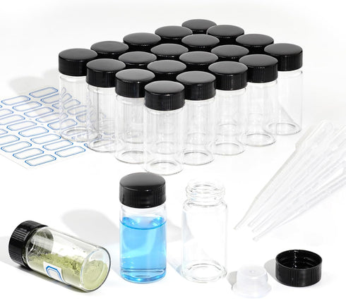 20ml Clear Glass Vials with Screw Caps and plastic Stoppers,Small Lab Sample Vials with Lids, Leak-Proof Liquid Storage Empty Vial. 20PCS...