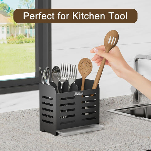 Kitchen Utensil Holder for Countertop with 2 Compartments,Wall Mount Utensil Drying Racks,Self Adhesive Utensil Caddy with Drain Tray, Black Hangi...