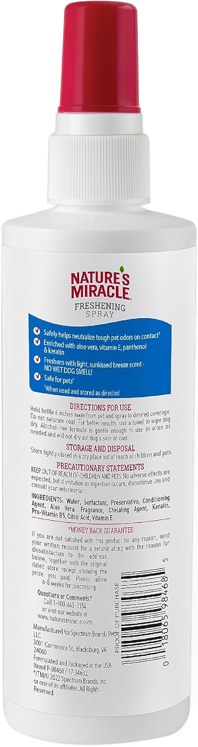 Nature's Miracle Freshening Spray For Dogs Freshens Dog’s Coat Between Baths And Neutralizes Tough Odors With Sunkissed Breeze Scent, 8 Ounces...