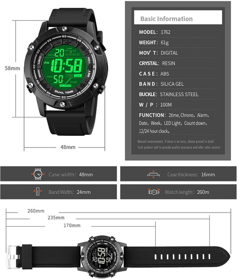 FANMIS Men's Digital Black Sports Watches Large Face Waterproof Dual Time Stopwatch Alarm LED Back Light Count Down Wrist Watch...