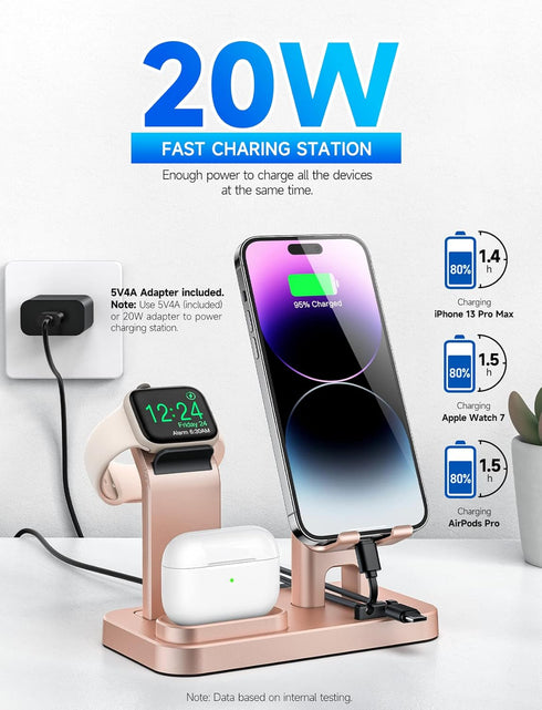 4 in 1 Charging Station for Multiple Devices Apple, 20W Self-Adjustable Charger for Apple Watch 9 8 SE 7 6 5 4 3 2 1, AirPods Pro/3/2/1, iPhone/Sa...