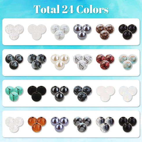 840pcs 8mm Glass Beads for Jewelry Making, 24 Colors Glass Beads for Bracelet Making, Marble Round Loose Beads for Men Women Bracelet Earring Neck...