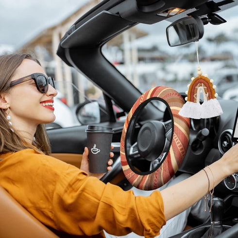 7 Pcs Boho Car Accessories Sets Include Boho Steering Wheel Cover 15" Absorbent Car Cup Holder Mat Rainbow Retro License Plate Frames Seat Belt Co...