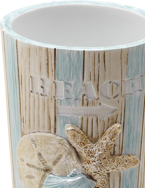 Zenna Home Seaside Serenity Bathroom Tumbler with Carved Resin Design, Cotton Swab Holder or Jewelry Holder for Bathroom Decor with Hand-Painted S...