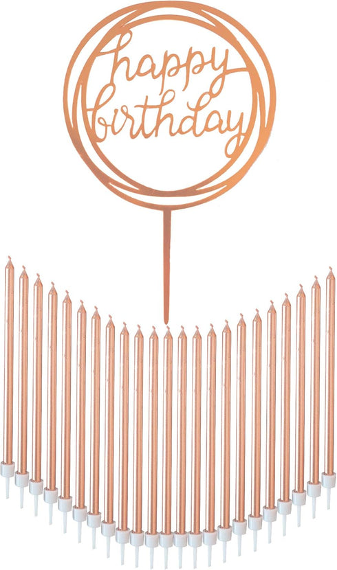 24 Count Tall Thin Metallic Rose Gold Slow Burning Birthday Candles in Holders with Matching Elegant Classy Cake Topper for Special Custom Birthda...