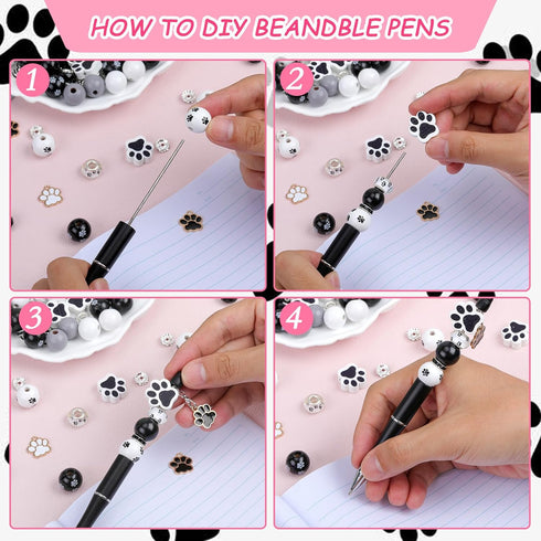 18 Set Bead Pen Bulk DIY Beaded Pens,54 Wooden Beads,36 Crystal Spacer Beads And 30 Glass Beads, 18pcs Lobster Clasp And Dog Paw Pendant For Diy G...