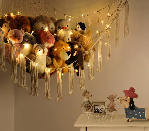 Stuffed Animal Storage Hammock Corner X-Large with LED Light - Baby Hammock Hanging Holder Plushies Net for Stuff Animals Organizer - Cute Room De...