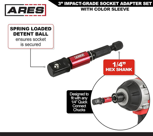 ARES 22011-3-Piece 3-Inch Impact Grade Socket Adapter Set with Color Sleeve - Turns Power Drill into High Speed Nut Driver - 1/4-Inch, 3/8-Inch, a...