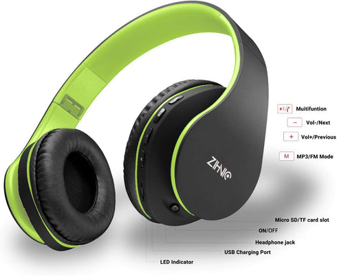 ZIHNIC Bluetooth Headphones Over-Ear, Foldable Wireless and Wired Stereo Headset Micro SD/TF, FM for Cell Phone,PC,Soft Earmuffs &Light Weight for...