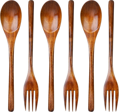 6Pcs Wooden Spoons Forks Set Wooden Spoons and Forks Cutlery Set, Reusable Wooden Utensil Set Wood Spoons Flatware Sets for Stirring Cooking Campi...