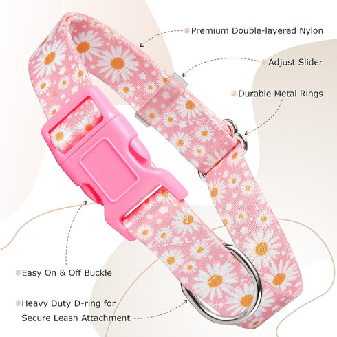 Girl Dog Collars with Daisy Patterns, Cute Pink Dog Collar for Female Dogs, Adjustable Soft Durable Pet Collars for XS Small Medium Large Dogs (L)...