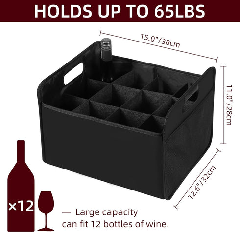 12 Bottle Wine Carrier, Collapsible Wine Bottle Storage Box Premium Felt Liquor Bottle Tote with Handles for Travel/Party/Picnic/Vacation, Black...