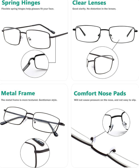 Eyekepper 3-pack Readers Rectangular Spring Temple Large Metal Reading Glasses Men Black +2.0...