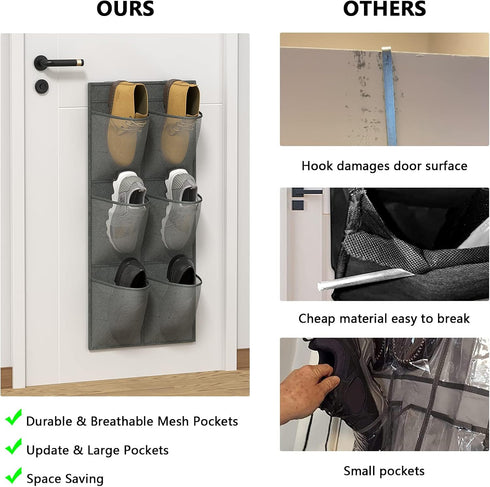 2 Pack RV Shoe Storage, 12 Large Mesh Pockets Closet Door Hanging Shoe Rack Organizer Narrow Shoe Holder, Wall Mounted Shoes Rack with Sticky Moun...