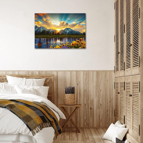 SKASNFAI Grand Teton National Park Wall Art Sunflower Landscape Canvas Mountain Artwork Landscape Print for Living Room Framed (12x16 inch)...