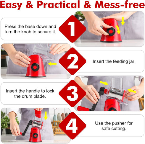 Cheese Grater Rotary, Rotary Grater for Kitchen, Kitchen Grater Vegetable Slicer with 3 Drum Blades, Fast Cutting Cheese Shredder for Vegetables a...
