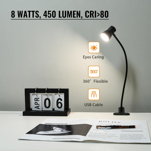 Clip Desk Lamp, USB Reading Light, Flexible Neck Led Clamp Light with 3 Color Temperature Options, 10 Dimmable Brightness Levels for Working, Stud...
