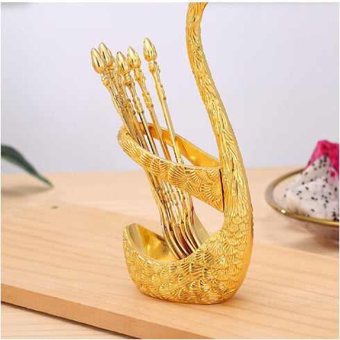 Coffee Spoon Set, 6pcs Stainless Steel Mini Dessert Teaspoons Flatware Creative Espresso Tableware with Swan Base Holder Organizer Household Decor...