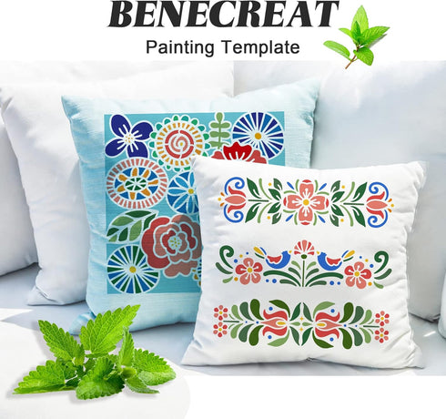 BENECREAT Plastic Folk Decorative Painting Stencil Templates, 12x12inch Floral Pattern Scandinavian Style Reusable Drawing Stencils for DIY Art Cr...