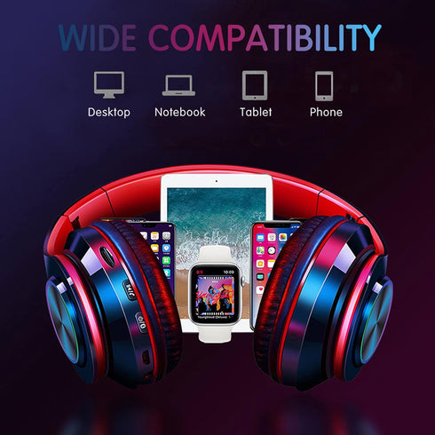 Bluetooth Wireless Over Ear Headphones, HiFi Stereo Sound Foldable Headphones,Colorful LED Lights Headphones with Built-in Mic,Wired for School/Ta...