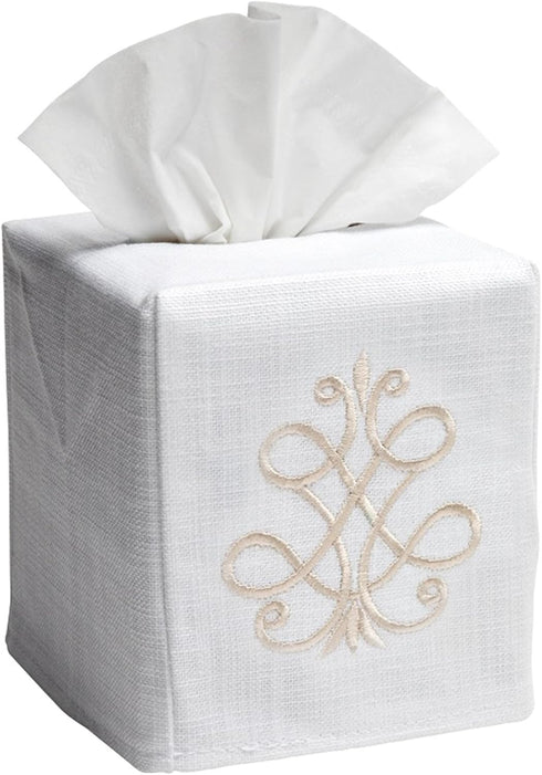 Jacaranda Living Square Tissue Box Cover, Linen/Cotton Fabric Tissue Holder, Decorative Cloth Tissue Cube Cover, Scrolls Design French Scroll (Bei...