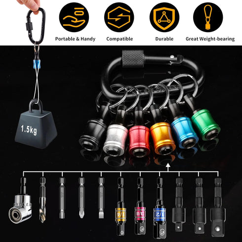 Katerk Bit Holder Key chain Gadgets for Men - 1/4 Drill Bit Holder 6Pcs, w/Drill Socket Adapter 3 Sizes 1/4" 3/8" 1/2", w/ 105° Multifunction Righ...
