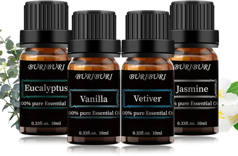 BURIBURI Vanilla Oil Jasmine, Vetiver and Eucalyptus Essential Oil Set, 100% Pure 4Pcs Essential Oils Gift Set for Diffusers...