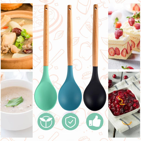 3 Pcs Large Silicone Spoon Wooden Handle Wood Handle Mixing Spoons Silicone Mixing Spoon for Cooking Baking Stirring Silicone Spoons Nonstick Heat...