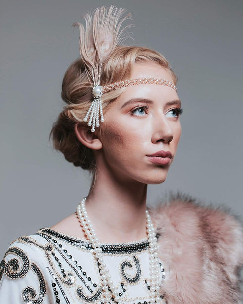 SWEETV 1920s Headpiece Flapper Headband, Pearl Peacock Feather Hair Band, Great Gatsby Accessoreis for Women, Blush Pink...