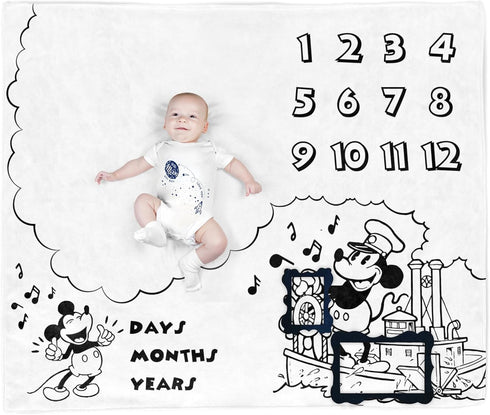 Baby Monthly Milestone Photo Blanket - Cartoon Mouse Design, Made with Soft Polyester and Classic Black & White Color Matching...