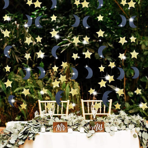Moon and Star Garland Decorations - Navy Gold Glitter Outer Space Birthday Party Hanging Decorations for Honey Moon Wedding Engagement and Baby Sh...