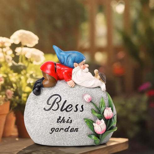 Garden Stones Statues Outdoor Decor, Novelty Gnome Garden Sculptures Stones Statue with Flower and Turtle Figurine Decoration for Patio Yard Porch...