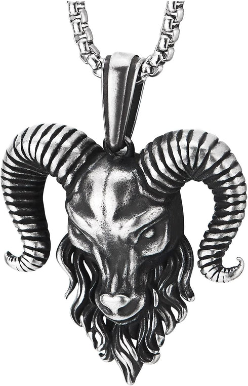 COOLSTEELANDBEYOND Mens Steel Goat Head Pendant Necklace, Vintage Big Horn Aries Ram Goat Head, 30 Inches Wheat Chain...