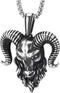 COOLSTEELANDBEYOND Mens Steel Goat Head Pendant Necklace, Vintage Big Horn Aries Ram Goat Head, 30 Inches Wheat Chain...