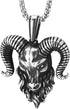 COOLSTEELANDBEYOND Mens Steel Goat Head Pendant Necklace, Vintage Big Horn Aries Ram Goat Head, 30 Inches Wheat Chain...