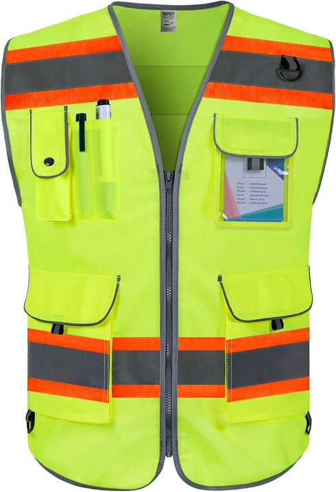 TCCFCCT Reflective Safety Vest for Men Women 9 Pockets High Visibility Vest with Fluorescent Orange Extend Edge, Hi Vis Security Work Vest for Sur...