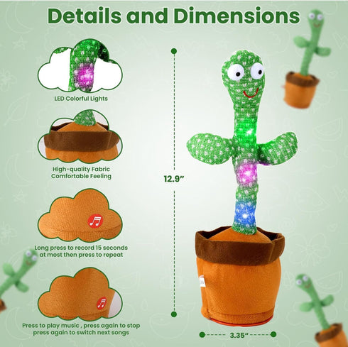 Dancing Cactus, Interactive Toy, Talking Cactus Repeat What You Say, LED Lights, Cactus Toy 60 Unique Popular Songs for Kids, Dance, Record, and S...