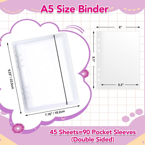 A5 6 Ring Binder with Clear Plastic Sleeves 5.3"x8.1", 90 Pockets, Small Refillable Binder - Sheet Page Protectors for Sticker,Die Cut,Stamp,Postc...