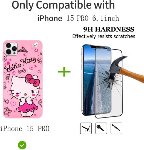 Compatible with iPhone 15 Pro Case with Screen Protector, Cartoon Cute Funny Kawaii Cat Kitty Animal Character Phone Case Silicone Lanyard 3D Cove...