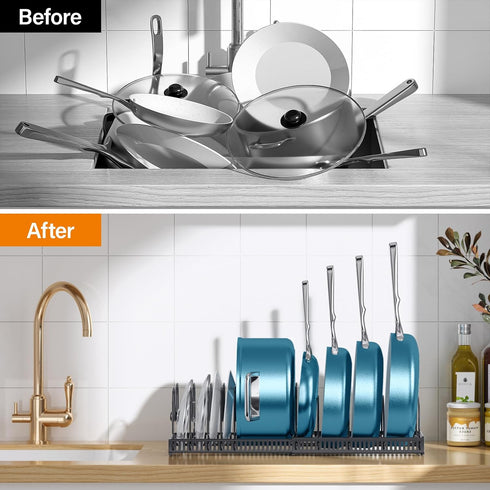 ORDORA Pots and Pans Organizer Under Cabinet, Expandable Cutting Board Pot Lid Organizer for Cabinet Holder with 10 Adjustable Dividers for Kitche...