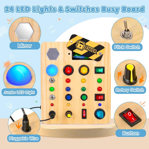 HONGDDY LED Busy Board, Wooden Sensory Toys for Toddler, Montessori Music Toy for Airplane, Travel Activity Educational Learning Toy, Busy Light S...